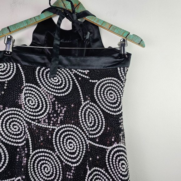 Vintage Cache Black White Sequin Satin Mini Halter Party Dress, Sz 6 - Picture 10 of 12